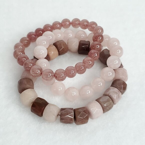 Estate Jewelry - Polished Stone Bracelets Stretch Pink Rose Strawberry Quartz Lot of 3 6-6.5"
